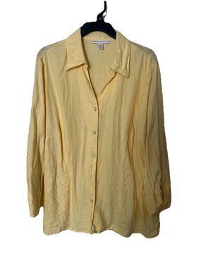 JM Collection Shirt Womens 16W Yellow Button Up Linen V-Neck Tab Sleeve